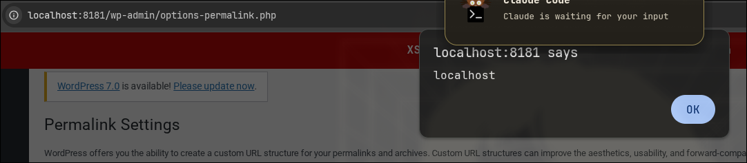 CVE-2023-2600 stored XSS firing on the WordPress permalink settings page