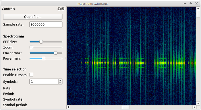 Inspectrum spectrogram showing the captured 868 MHz OOK signal